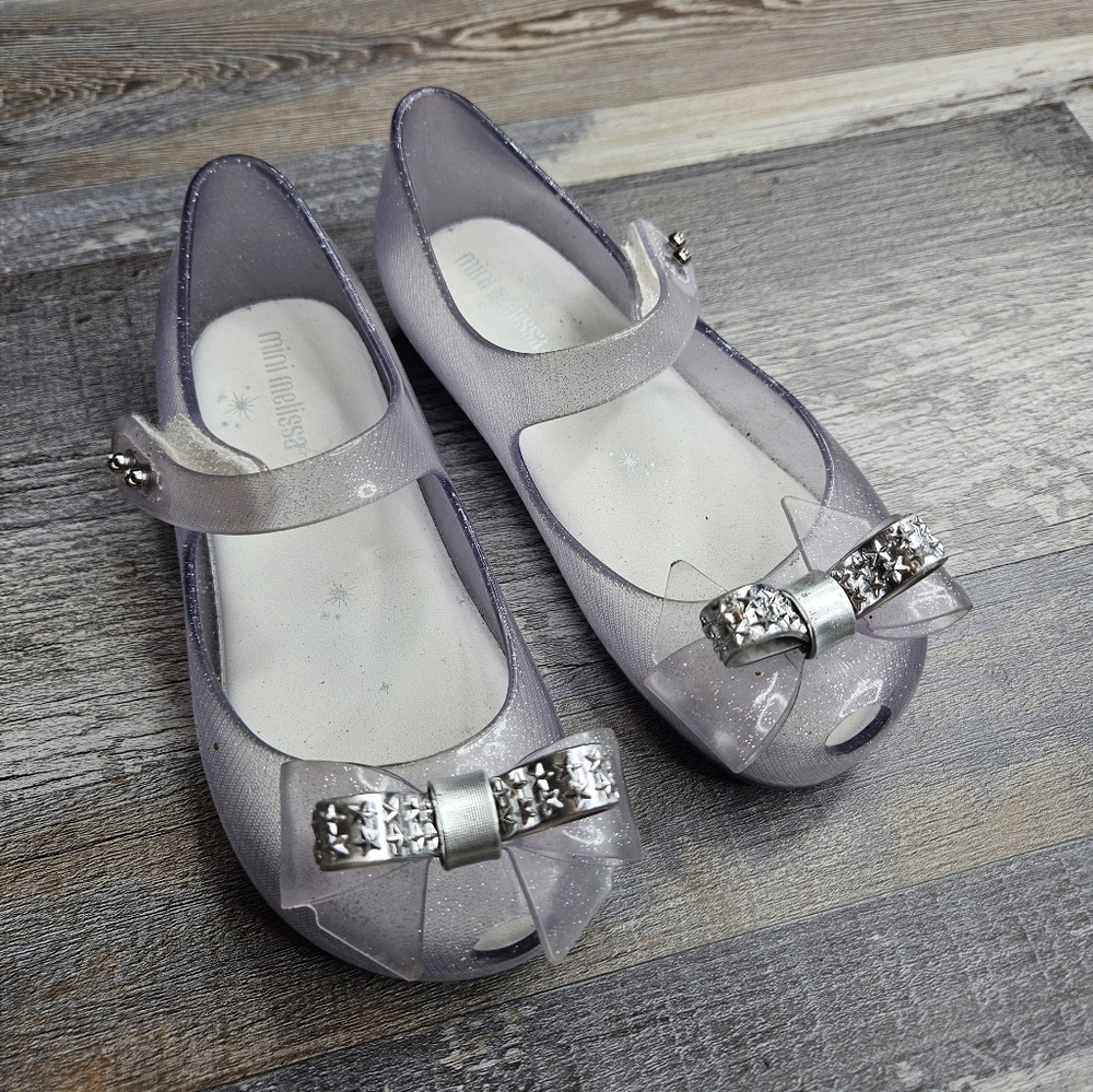 Mini Melissa Size 10 Youth Mary Jane Style Jelly Shoes Silvee Glitter Bow Toe